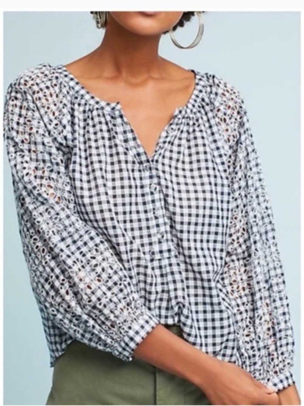 Akemi + Kin for Anthropologie Presley Navy Gingham Check Eyelet Top size xs